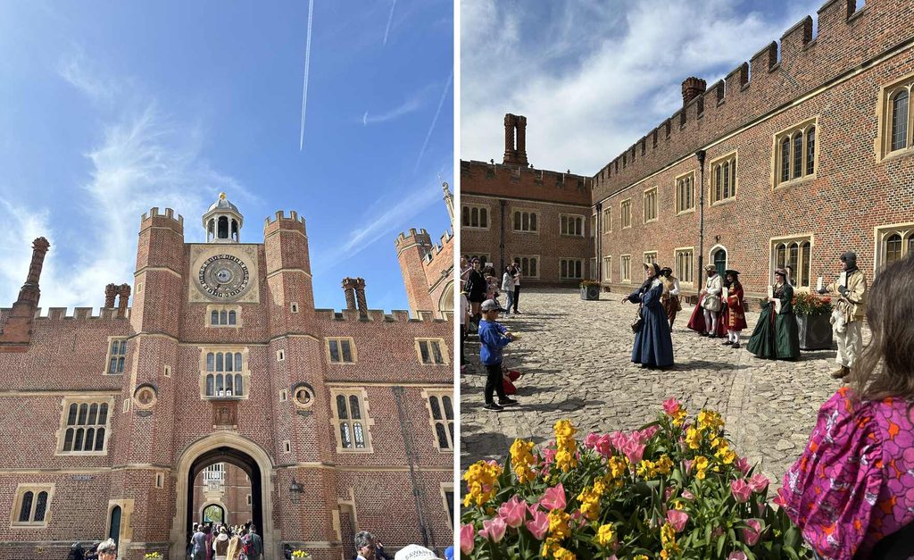 Photos from our spring visit to Hampton Court Palace, featuring the clock tower gateway and costumed performers in a palace courtyard, one of many fun things to do with kids in London