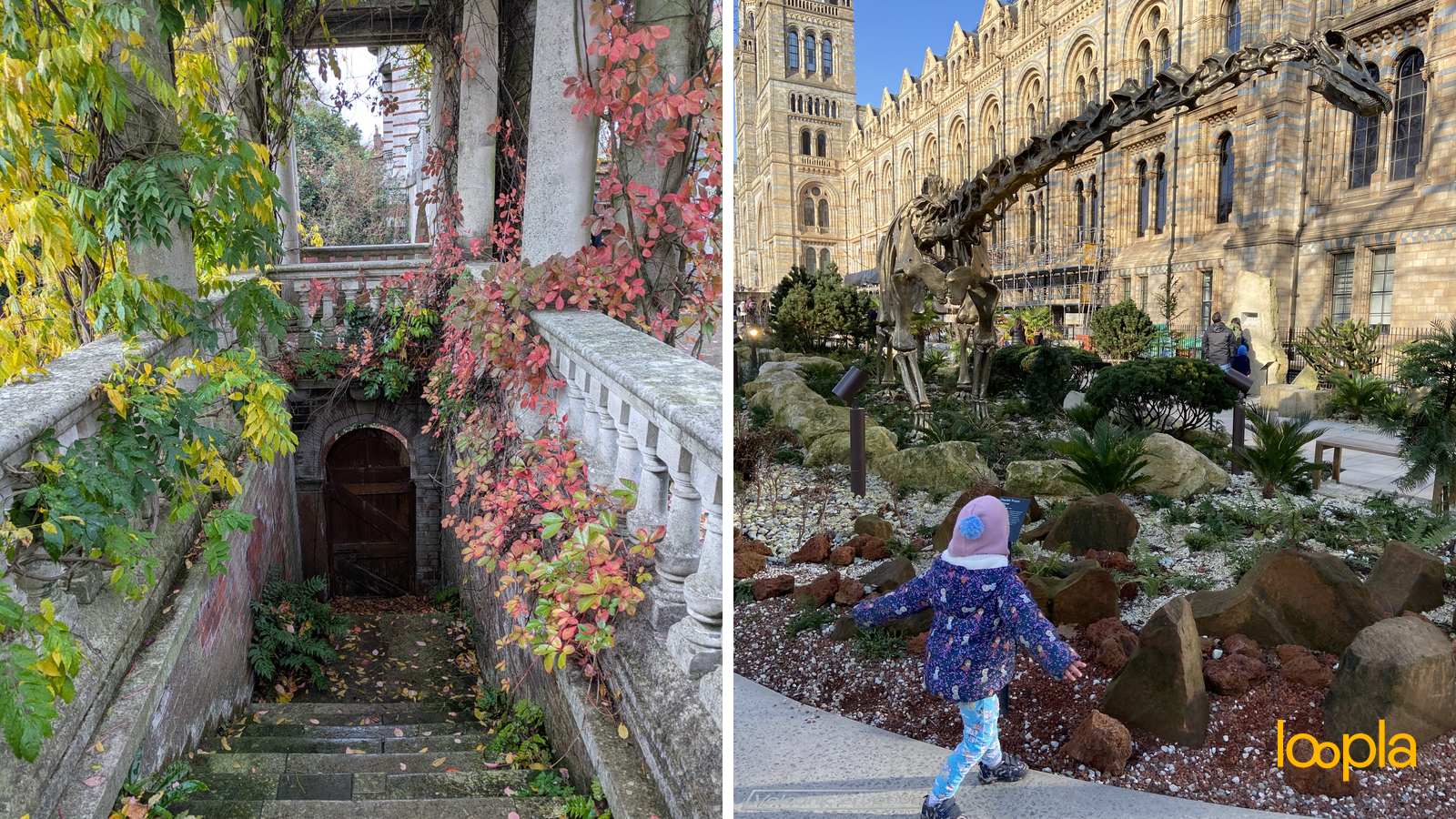 Autumn leaves on the stone stairs at the Hill Garden and Pergola, and a child by the dinosaur skeleton outside the Natural History Museum, for things to do with kids in London in November 2026
